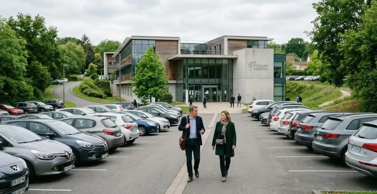 Vue extérieure d'un centre de séminaire avec parking et professionnels arrivant