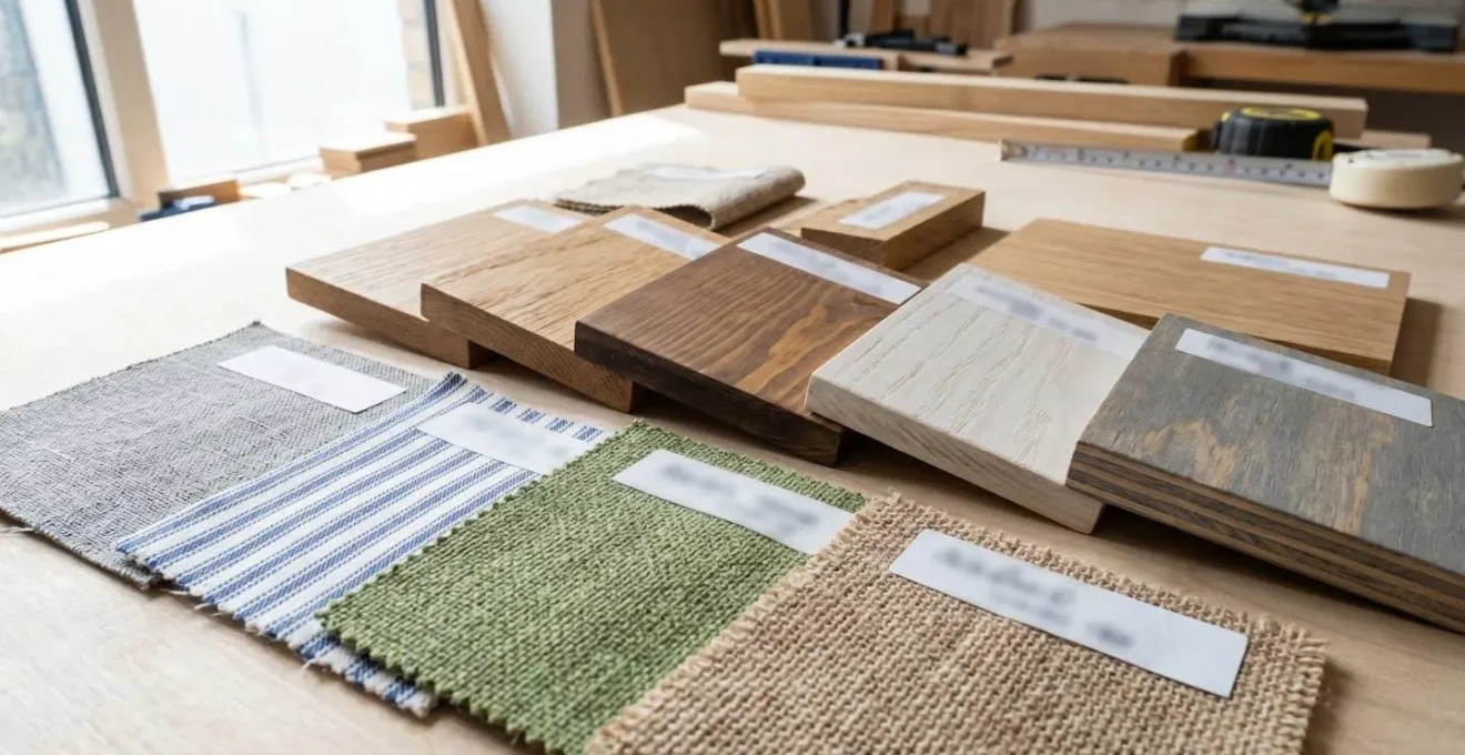 Échantillons de tissus ignifugés et morceaux de bois traité posés sur un plan de travail d'atelier, étiquettes de certification visibles mais floues