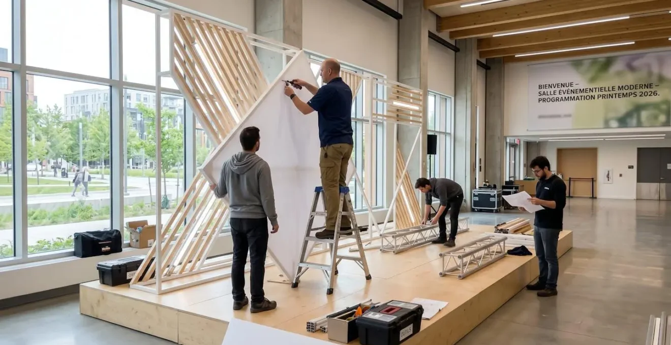 Une équipe de techniciens installe une structure décorative sur une scène événementielle, lumière naturelle du jour traversant les baies vitrées de la salle