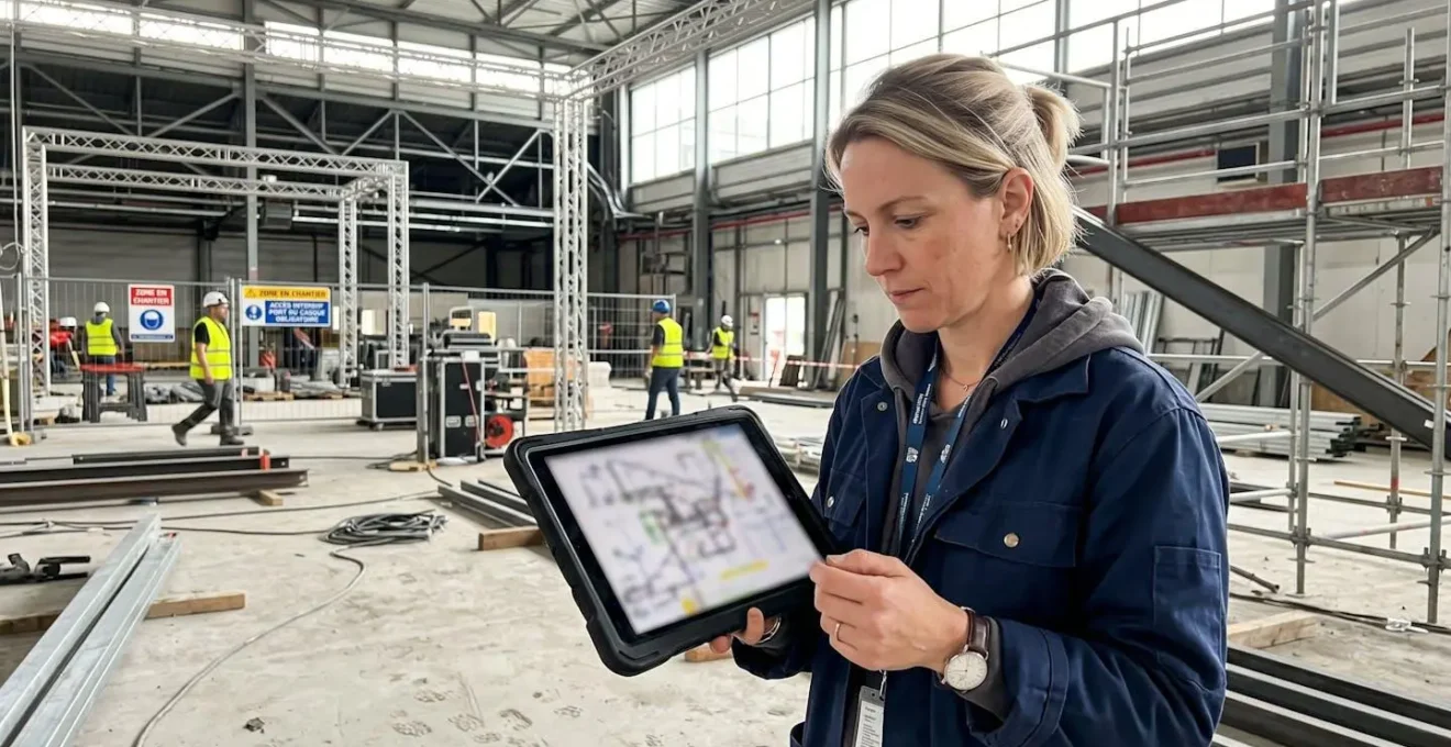 Une organisatrice d'événements consulte des plans techniques sur une tablette dans un espace événementiel en cours de montage, charpente métallique visible en arrière-plan