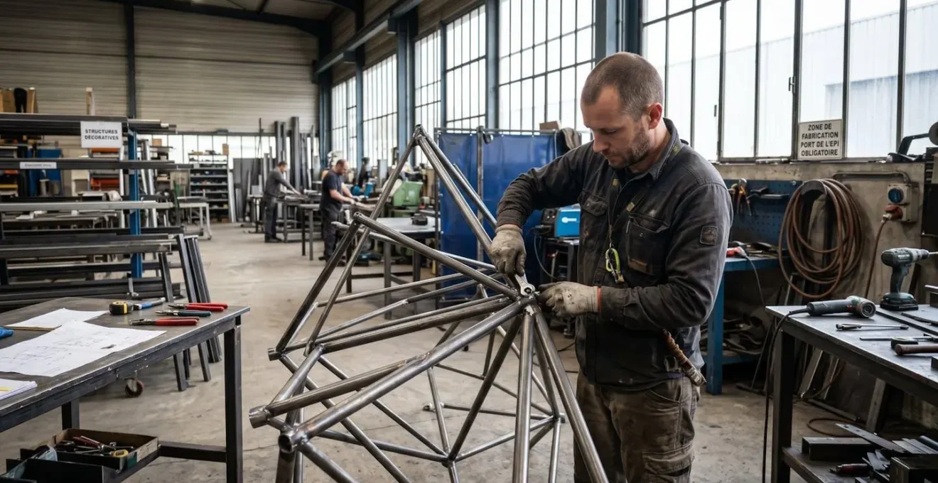 Un technicien en tenue de travail ajuste une structure métallique dans un atelier de fabrication de décors, lumière naturelle traversant les grandes baies vitrées
