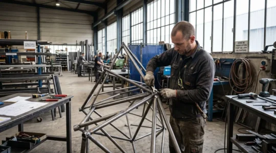 Un technicien en tenue de travail ajuste une structure métallique dans un atelier de fabrication de décors, lumière naturelle traversant les grandes baies vitrées