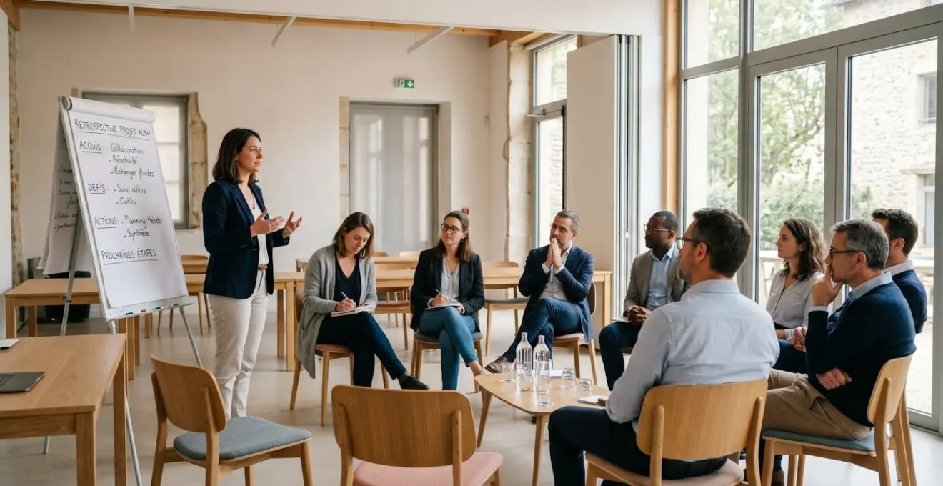 Animateur professionnel conduisant une session de débriefing avec équipe en demi-cercle, paperboard avec notes en français visible, atmosphère de réflexion collective post-activité