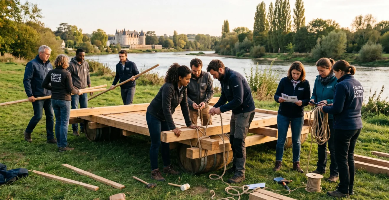 Équipe construisant collaborativement une structure en bois type radeau lors d'un team building en extérieur près d'un plan d'eau, coordination et planification collective visible