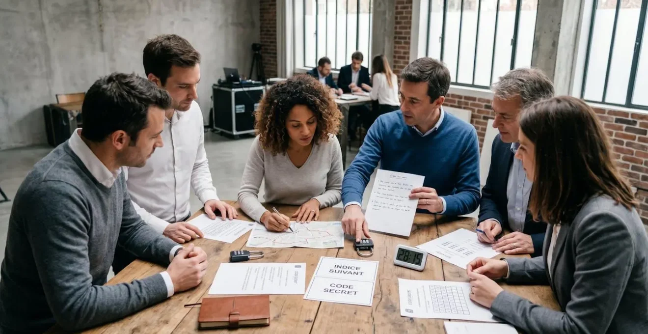 Équipe de professionnels collaborant autour d'une table lors d'une session d'escape game d'entreprise, résolvant collectivement des énigmes avec supports physiques et chronomètre